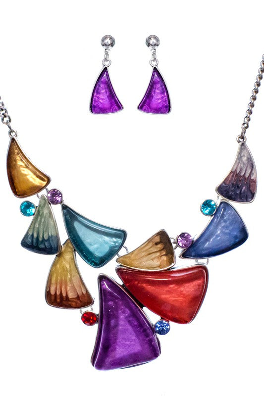 Fenni Irregular Enamel Triangle Collar Bib Necklace & Earrings Set – Statement Bridal Jewelry For Women, Cade Blue Triangle Design
