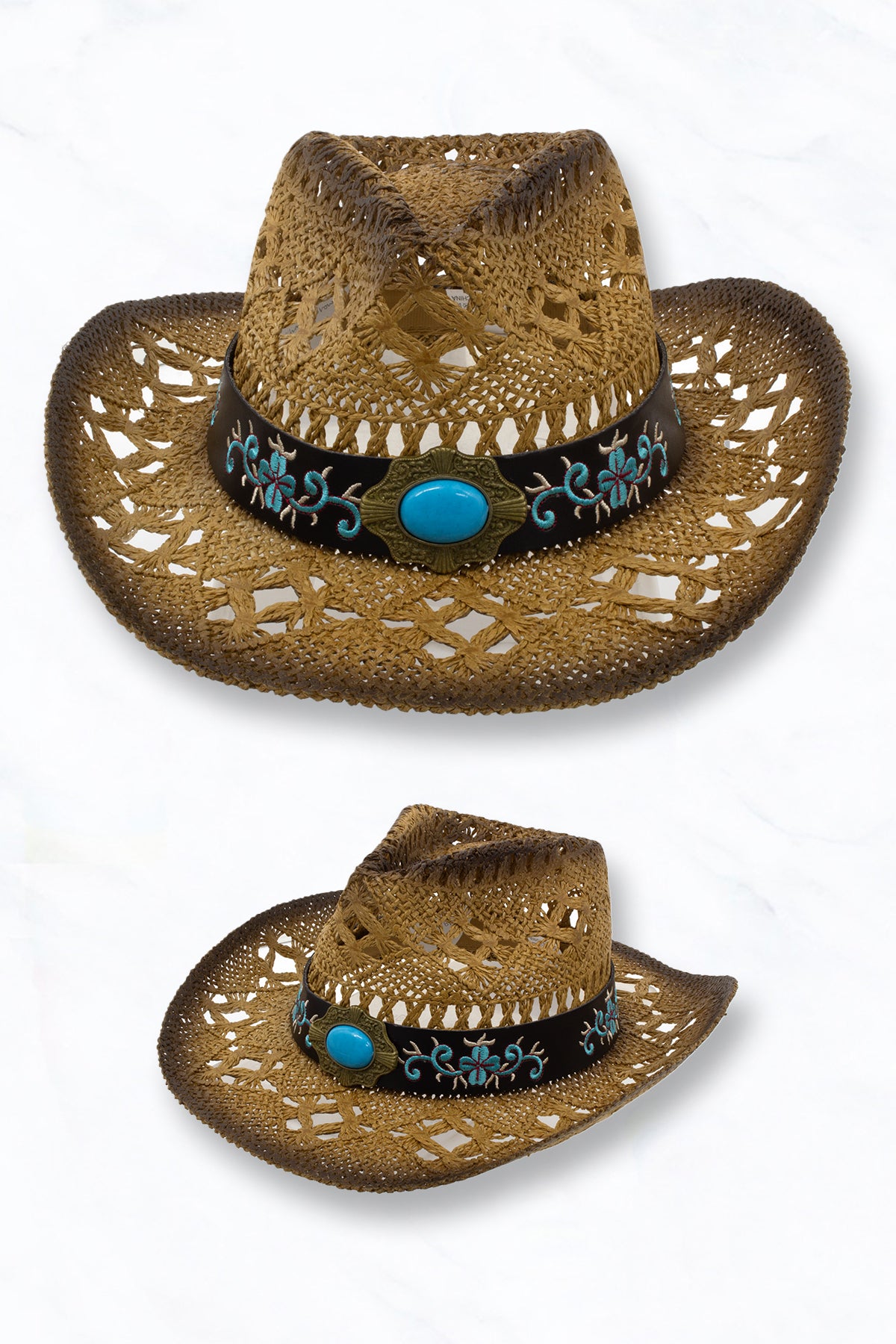 Straw Cowboy Hat with Turquoise Hatband - UPF 50+ Wide Brim Adult Straw Cowboy Hat Western Hats with Turquoise Handmade  main image 3