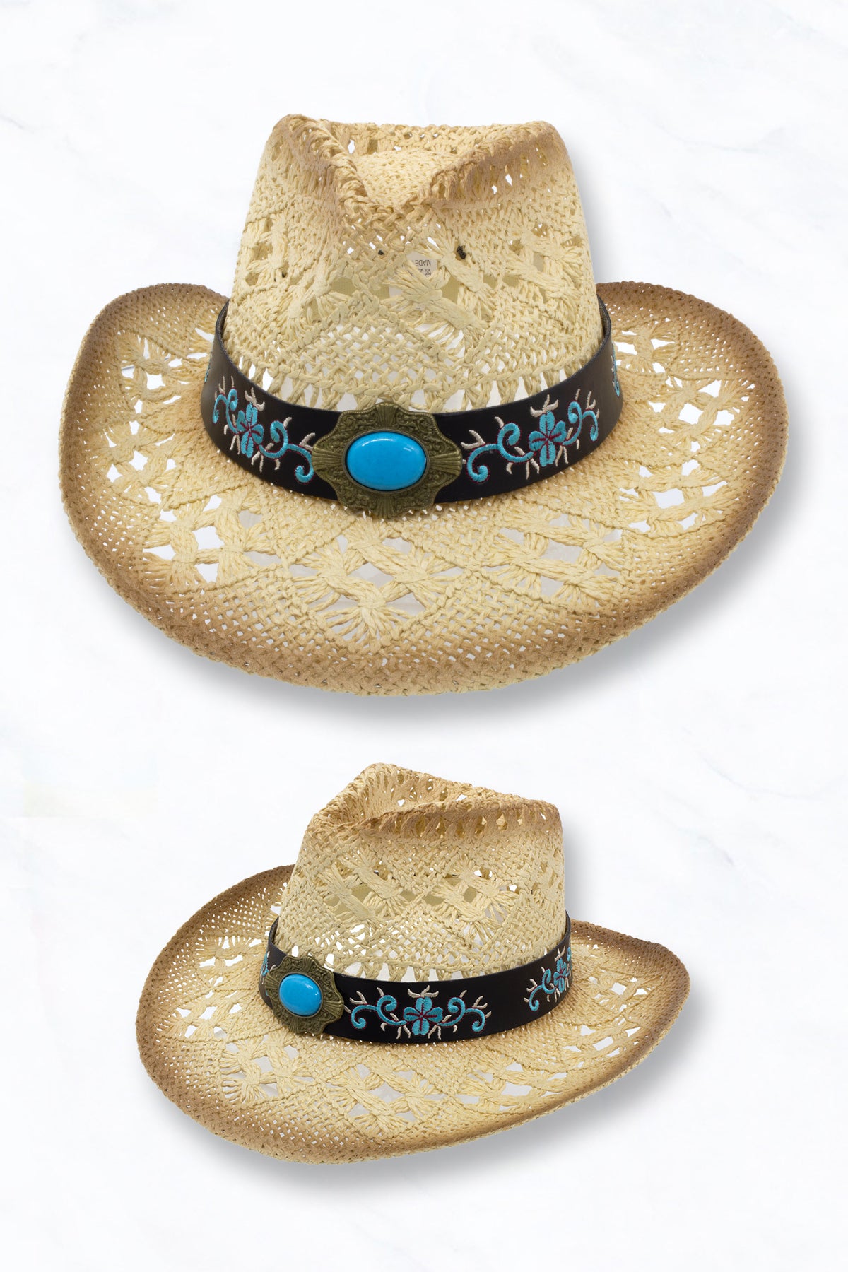 Straw Cowboy Hat with Turquoise Embroidered Belt – Suzie Q USA